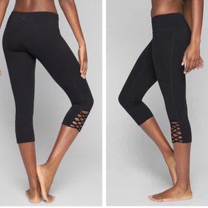 Athleta Mind Over Mat Black Capri Legging with Strappy Calf detail XS